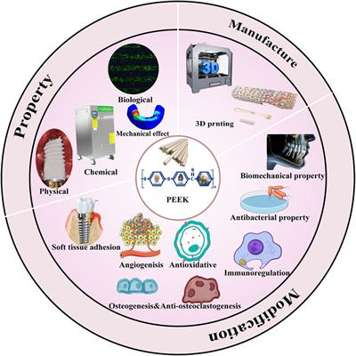 State-of-the-art polyetheretherketone three-dimensional printing and multifunctional modification for dental implants